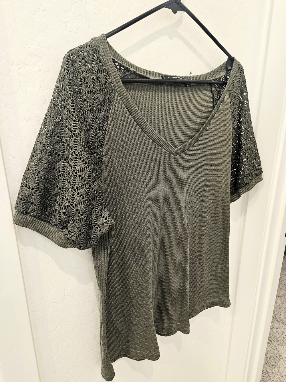 V-Neck Crochet Sleeve Top - Olive Green
